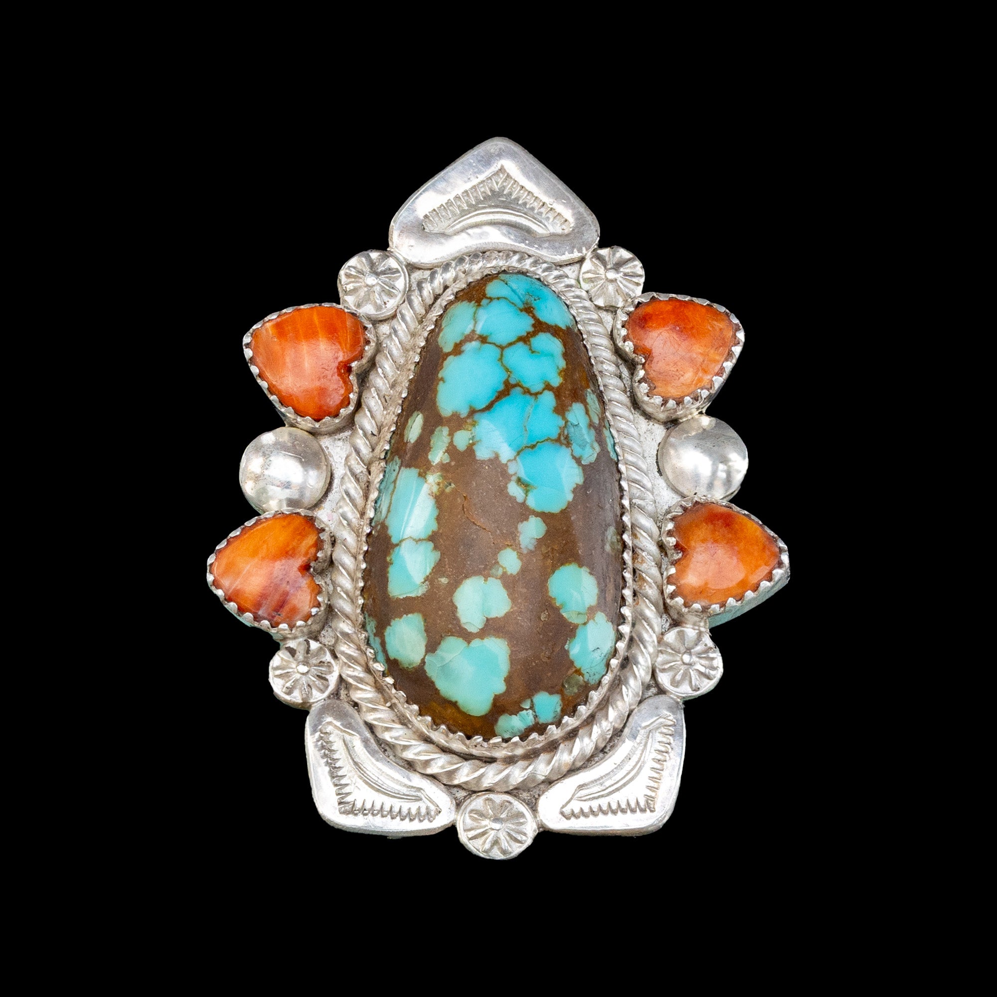 Fox turqoise and coral ring set in sterling silver