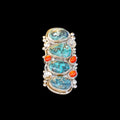 Ring with turquoise, coral and silver accents on a black background