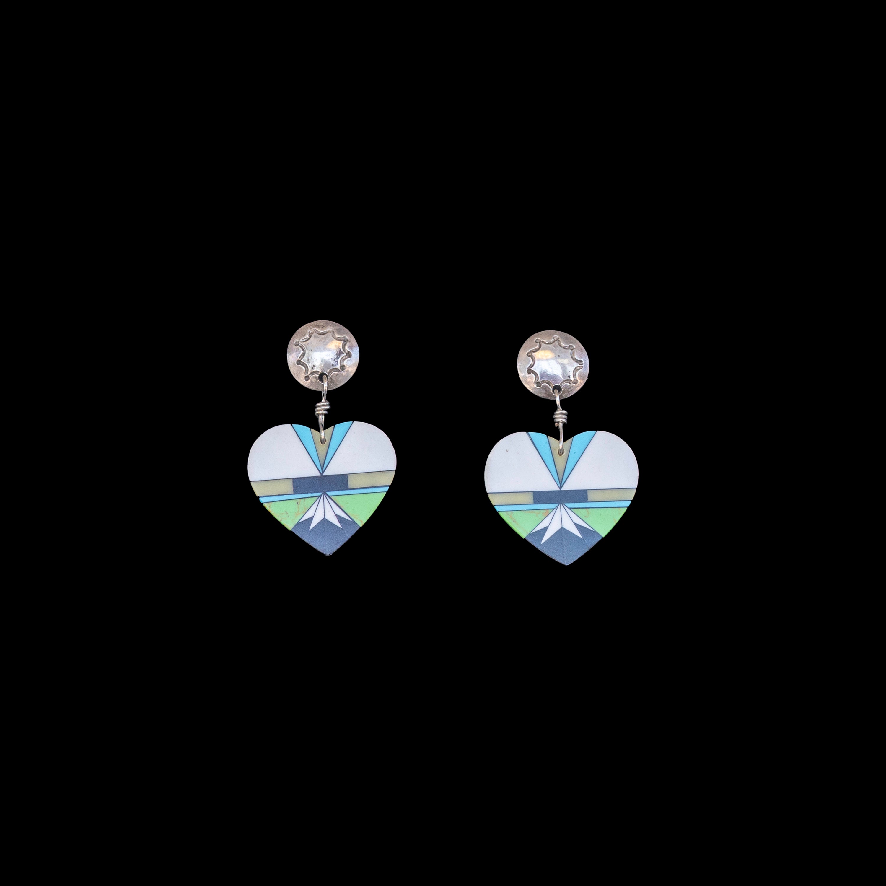 Purple, green, blue  and white heart earrings