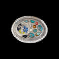 Native motif belt buckle with multi-colored stones, including turquoise, onyx, mother of pearl, shell, and coral