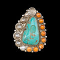 Turquoise and orange oyster ring with silver detailing on a black background