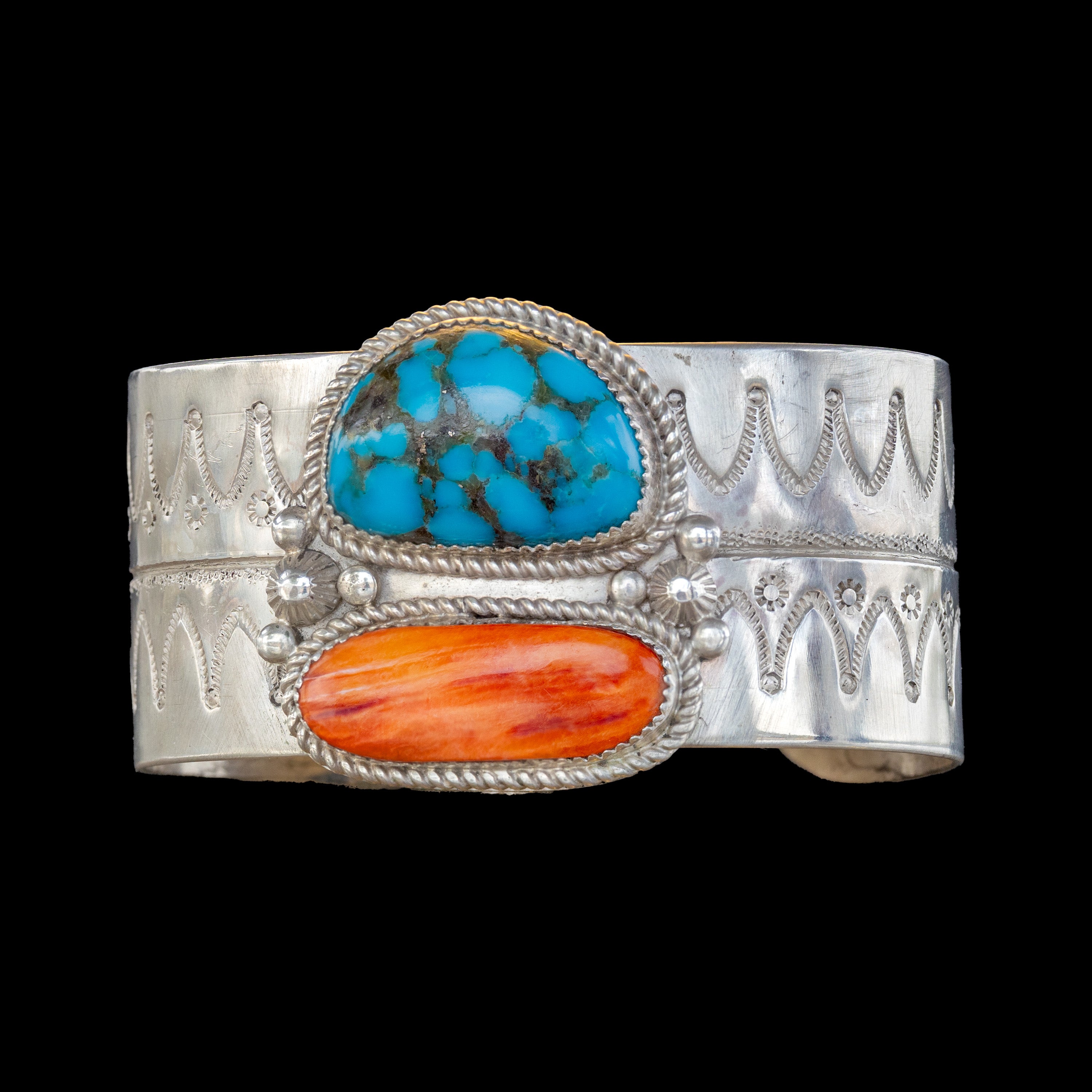 blue turquoise and oyster shell bracelet set on sterling silver with stamp work, all handcrafted